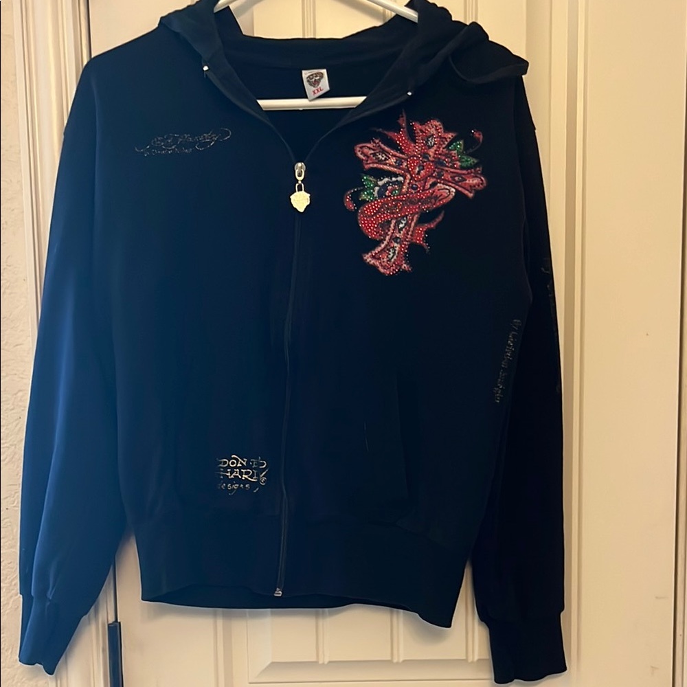 Ed Hardy Black Hoodie with Red Rose Design